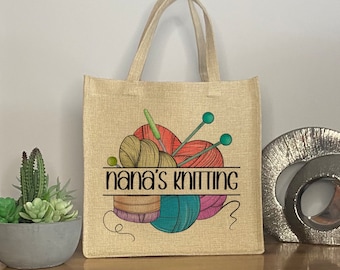 Personalised Knitting Bag, Mother’s Day Gift, Linen Jute Tote Bag For Mum, Personalised Grandma Knitting Bag, Nanny Tote Bag Birthday Gift