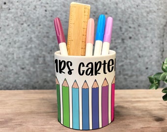 Personalised Teacher Pencil Pot, Personalised Teacher Thank You Gift, Ceramic Pen Pot, School Leaving Gift, Teaching Assistant Desk Tidy