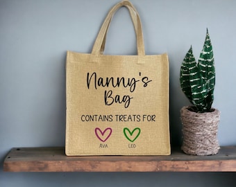 Personalised Tote Bag, Personalised Grandma Shopping Bag, Mother’s Day Gift, Linen Jute Tote Bag For Mum, Nanny’s Treat Bag, Birthday Gift