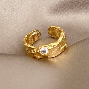 Irregular Adjustable Gold Ring with Zircon | Sterling Silver and 18K Gold Vermeil Ring | Statement Crease Ring | Foil Texture Ring