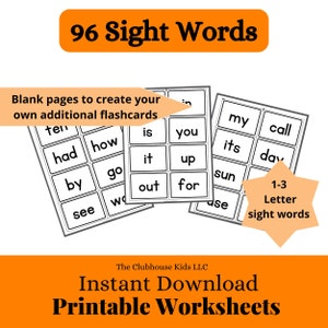 Palabras de 1-3 letras a la vista / Tarjetas de palabras a la vista / Tarjetas didácticas / Descarga digital Tarjetas de palabras a la vista / Hojas de trabajo de aprendizaje para niños