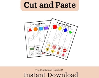 May include: Two printable worksheets for kids to cut and paste shapes and objects. The worksheets feature a variety of shapes, colors, and objects, including a stop sign, a soccer ball, a dice, and a star.