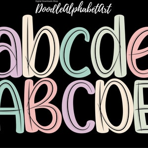 Bohemian Pastels Color Scribble letters PNG, A Hand Drawn Doodle Alphabet PNG Bundle for Sublimation printings & Designs Digital Downloads