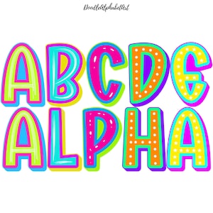 Retro Bright Funky Colorful Alphabet PNG bundle, Scribble Alphabets, Dot Letters, 5 Alpha Sets, Digital Downloads for Sublimation and DIY