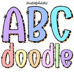 Doodle Alphabet Bundle in Pastel Colors, feat. Leopard Block Shadow - UPPERCASE, lowercase, Numbers - Digital Downloads, PNG Format
