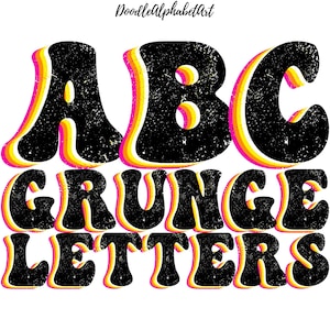 Retro Cascading Funky Alphabet PNG Bundle, Monochrome Distressed Vintage Letters & Numbers, Colorful Gradient Outlined Font PNG for Crafters