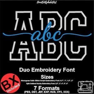 Puede incluir: Gráfico negro con letras blancas "ABC" en estilo universitario y "abc" en azul cursiva. Se incluye el texto "Duo Embroidery Font" y los detalles de tamaño. Una pegatina roja "BX included" está en la esquina inferior izquierda. Las medidas son en pulgadas.