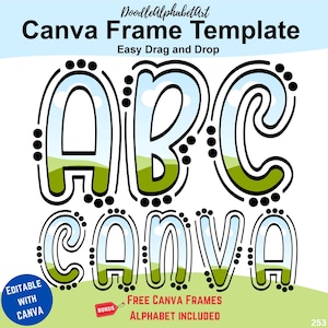 Canva Frames Outlined Dots Alphabets Doodle, Drag and Drop photos or patterns, Fill your own colors Canva Template Lettering