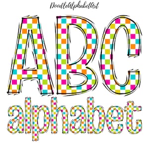 Vibrant Colorful Checkered Letters PNG, Handwritten Playful & whimsical Checkerboard Doodle Alphabet Bundle for sublimation and DIY Crafts