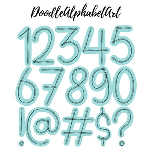 May include: Hand-drawn doodle style numbers 1 through 0 and symbols including exclamation point, at sign, pound sign, dollar sign, and question mark. The numbers and symbols are black on a light blue background.