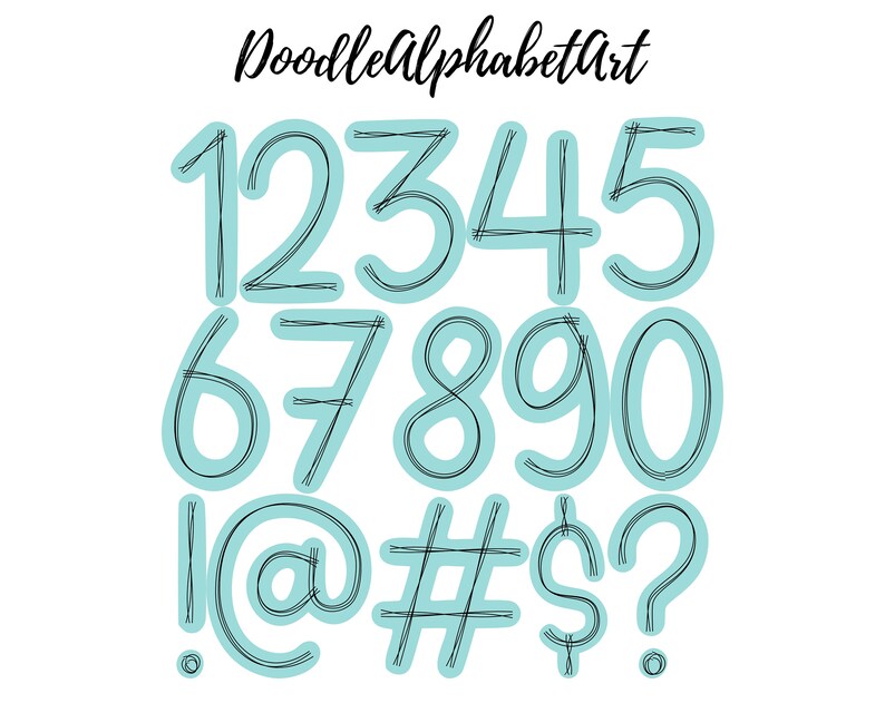 May include: Hand-drawn doodle style numbers 1 through 0 and symbols including exclamation point, at sign, pound sign, dollar sign, and question mark. The numbers and symbols are black on a light blue background.