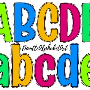Curved Lines Doodle letters PNG in 5 Bright Colors, Doodle Alphabet PNG Bundle, Hand Drawn Sublimation Clipart PNG Designs Digital Downloads
