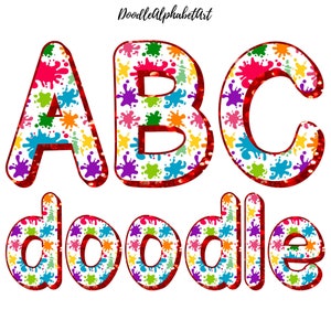 Handwritten Doodle Alphabet Letters PNG, Red Glitter Border & Paint Splats Pattern, Digital Hand-Drawn PNG for Sublimation, Instant Download