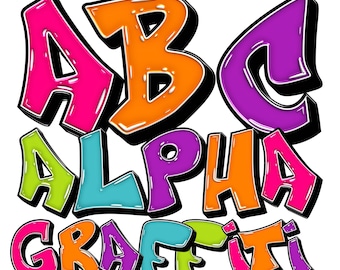 May include: Colorful, cartoon-style letters spelling out "ABC ALPHA GRAFFITI" in a bold, black outline. The letters are in various colors, including pink, orange, purple, green, blue, and yellow.
