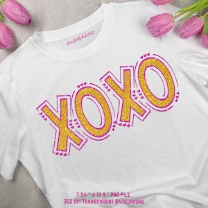 XOXO Design PNG, Pink and Gold Glitter Patterns, Heart Outlined Words for Print, t-Shirt Design, Valentine Day's Sublimation and DIY Crafts