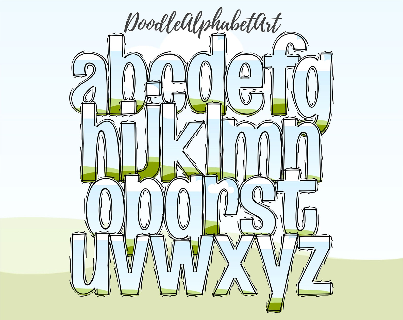 Curved Lines Doodle Letters Canva Frame Template, Alphabets Numbers ...