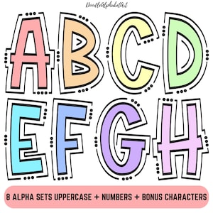 Lines and Dots Pastel Doodle Alphabet PNG Bundle, Pastel Color Dot Letters, 8 Outline Alpha Sets, Digital Hand Drawn Sublimation Designs