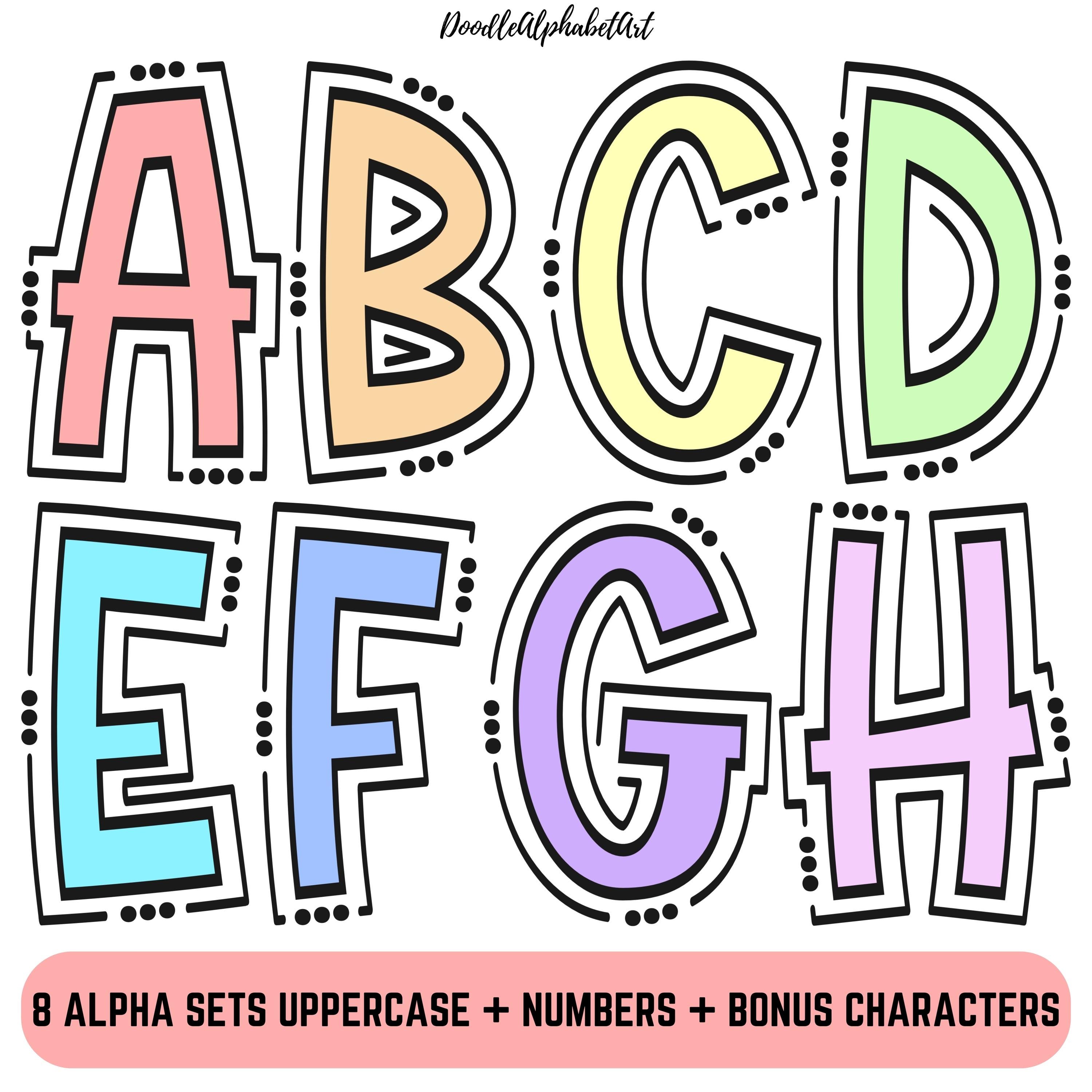 Lines and Dots Pastel Doodle Alphabet PNG Bundle, Pastel Color Dot