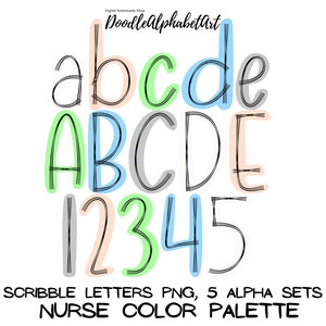 Puede incluir: Un conjunto de cinco letras y números del alfabeto en una fuente de garabatos. Las letras son de color negro con un contorno rosa claro, azul claro, verde claro y gris. Los números son de color negro con un contorno rosa claro, azul claro y verde claro. El texto debajo de las letras y los números dice "Scribble Letters PNG, 5 Alpha Sets Nurse Color Palette".