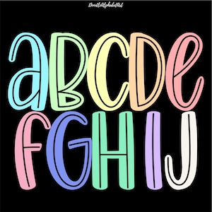 May include: Colorful alphabet letters A through J in a whimsical, bubble-style font. Each letter is outlined in black and filled with a pastel color, including light blue, yellow, peach, and pink, against a black background. The text "DoodleAlphabetArt" is in the top left corner.