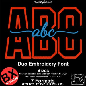Puede incluir: Fondo negro con letras rojas delineadas que deletrean "ABO" encima de un "abc" azul en cursiva. El texto "Duo Embroidery Font" está debajo de las letras, con detalles de tamaño y "7 Formats" listados. Una insignia roja "BX included" está en la parte inferior izquierda.