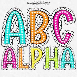 Dalmatian Hearts Letters PNG Bundle, Bright Color, 5 Alpha Sets, Digital Handwritten Doodle Alphabet PNG, Dalmatian Heart Letters background