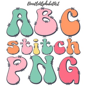 Groovy Faux Embroidery Font, Stitch border PNG, Teacher Shirts PNG, Digital Alphabet Letters PNG Bundle, AlphaPack Downloads
