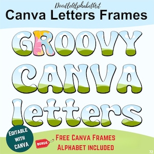 Retro Groovy Font Letters Canva Frame, Uppercase, Lowercase, Number, Editable Frame Retro Doodle Alphabet, Drag&Drop Photo, Patterns, colors