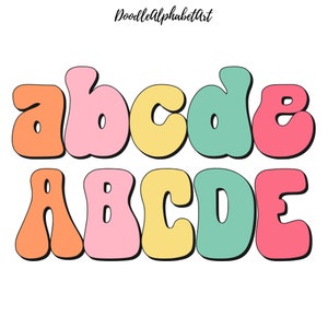 May include: A set of colorful, bubble-shaped letters spelling out "abcde" in uppercase and lowercase. The letters are outlined in black and have a retro, groovy style.