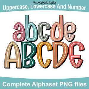 Complete Retro Doodle Alphabet Letters PNG Bundle, White Center Line font PNG feat. Boho Colors, Hand Drawn Alphabet Sublimation Clipart PNG