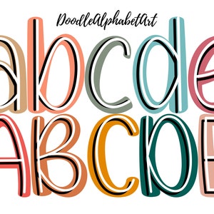 Black and White Center Line Doodle Alphabet Letters PNG Bundle, Boho Color Palette, Digital Hand Drawn Scribble Letters Sublimation Designs
