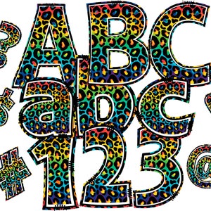 Rainbow Leopard Digital Alphabet Letters PNG Sublimation, Rainbow Doodle Digital letters Hand drawn clipart