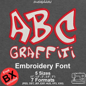 May include: Red and white graffiti-style alphabet letters A, B, and C with the word "GRAFFITI" below. The letters are outlined in red and filled with white. The text "Five BX included" is in a red circle with a white background. The text "Embroidery Font" is in black text. The text "5 Sizes (1", 1.5", 2", 2.5", 3")" is in black text. The text "7 Formats (PES, DST, JEF, EXP, HUS, VP3, XXX)" is in black text. A black and white illustration of a sewing machine is in the bottom right corner.