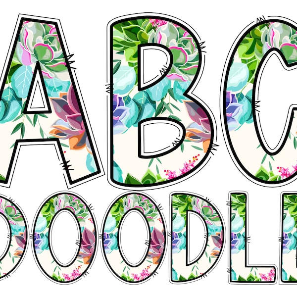 Colorful Seamless Floral With A Succulents Digital Doodle Alphabet Letters PNG, Hand Drawn Digital Alphabet Sublimation Clipart PNG