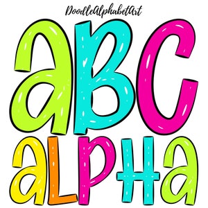 Bubbles and white curved lines, Vibrant Alphabet letters PNG Bundle, Bright Color Palette, 5 Alpha Set, Digital Handwritten Alphabet PNG