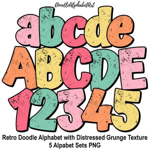 Retro Doodle Alphabet PNG Bundle: Distressed Grunge Texture, 5 Vintage Alpha Sets (Digital Download)
