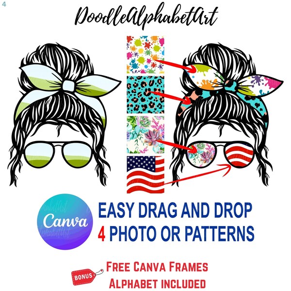 Messy Bun Canva Frame Template, CANVA drag and drop Messy Bun Mom Template, Editable Canva Frames, Headband, Bun Hair Sunglasses