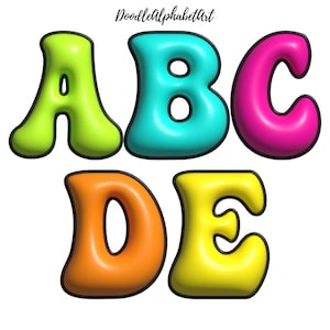 Vibrant Bright Inflated Groovy Alphabet PNG Bundle, Retro 3D Letters, Bright Puffy Font PNG, 5 Alpha Sets, Digital Hand-drawn for DIY Crafts