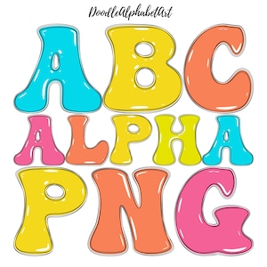 3D inflated Scribbles Groovy Letters PNG, 5 Alpha Sets, Bright Color 3D Alpha PNG, Digital Bubble Puffy Handwritten Scribble Alphabet PNG