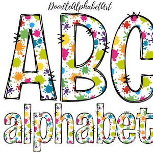 Doodle Paint Splats Alphabet PNG, Splats Letters Uppercase, lowercase, numbers and a bonus of characters Hand Drawn Sublimation designs