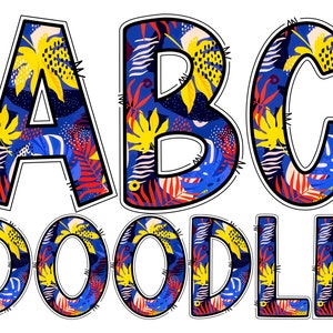 Colorful Collage Contemporary Floral Hawaiian Digital Alphabet Letters PNG, Hand Drawn Digital Doodle Alphabet Sublimation Clipart PNG
