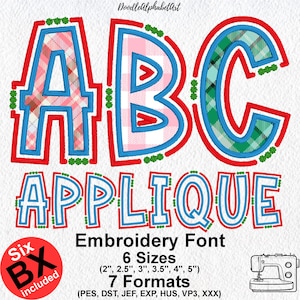 May include: An embroidery font design featuring the letters "ABC" and the word "APPLIQUE". The letters are outlined in red and blue, with plaid patterns in pink and green. Includes 6 sizes (2"-5") and 7 formats. A sewing machine icon is in the lower right.