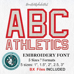 Athletic Embroidery Font, Varsity Embroidery Letters, 5 Sizes 7 Formats, Jersey Machine Embroidery BX File, PES DST Embroidery Design