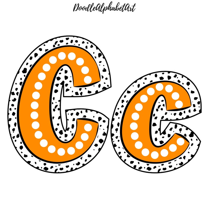 May include: Orange and white letter C with a black and white polka dot pattern. The letter is outlined in black and has a white polka dot border.