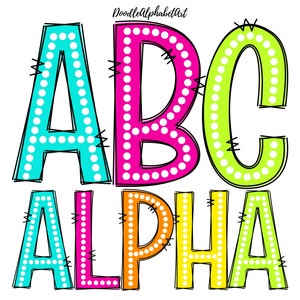Dots Alphabet Doodle PNG Bundle, Scribbled Outline Letters, Vibrant Bright Color, 5 Alpha Sets, Digital Handwritten Polka Dot Alphabet PNG