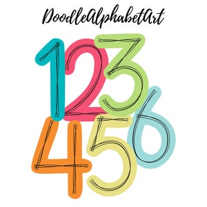 May include: Colorful doodle style numbers 1 through 6. The numbers are outlined in black and are arranged in a cluster.