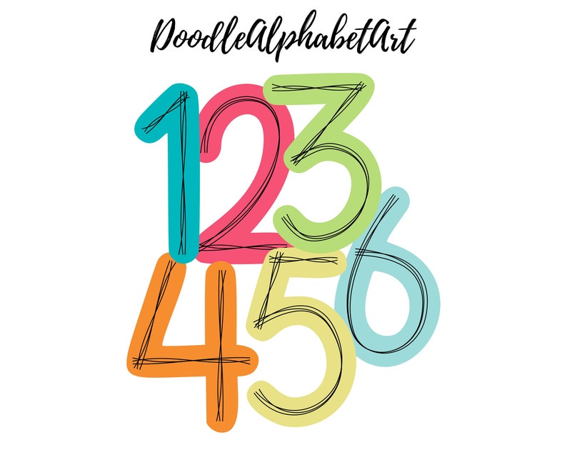 May include: Colorful doodle style numbers 1 through 6. The numbers are outlined in black and are arranged in a cluster.