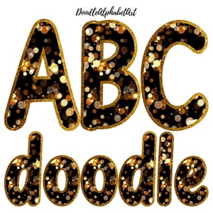 Doodle Alphabet letters PNG, Gold glitter texture border on a black background, Hand Drawn Sublimation PNG Designs Digital Downloads