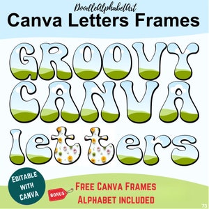 May include: Groovy Canva Letters Frames, a set of colorful, outlined letters with a landscape design. The letters are editable in Canva and include a full alphabet.