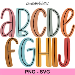Center Line Doodle Alphabet Letters PNG SVG Bundle, Boho Color Palette, Digital Hand Drawn Letters for Sublimation Designs, DIY Doodle Font